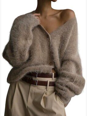 Fuzzy V-Neck Cardigan Sweater Long Sleeve Button Down Slouchy Knit
